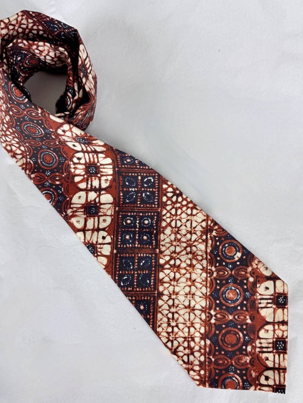 Vintage 1970s Handmade Batik Necktie 4.25 in Wide Blue Brown Beige Tie Excellent
